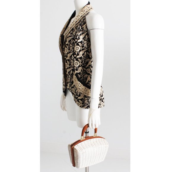 Simon Mr. Ernest White Wicker Bag with Brown Wood Trim Purse 60s Retro - Picture 4 of 10